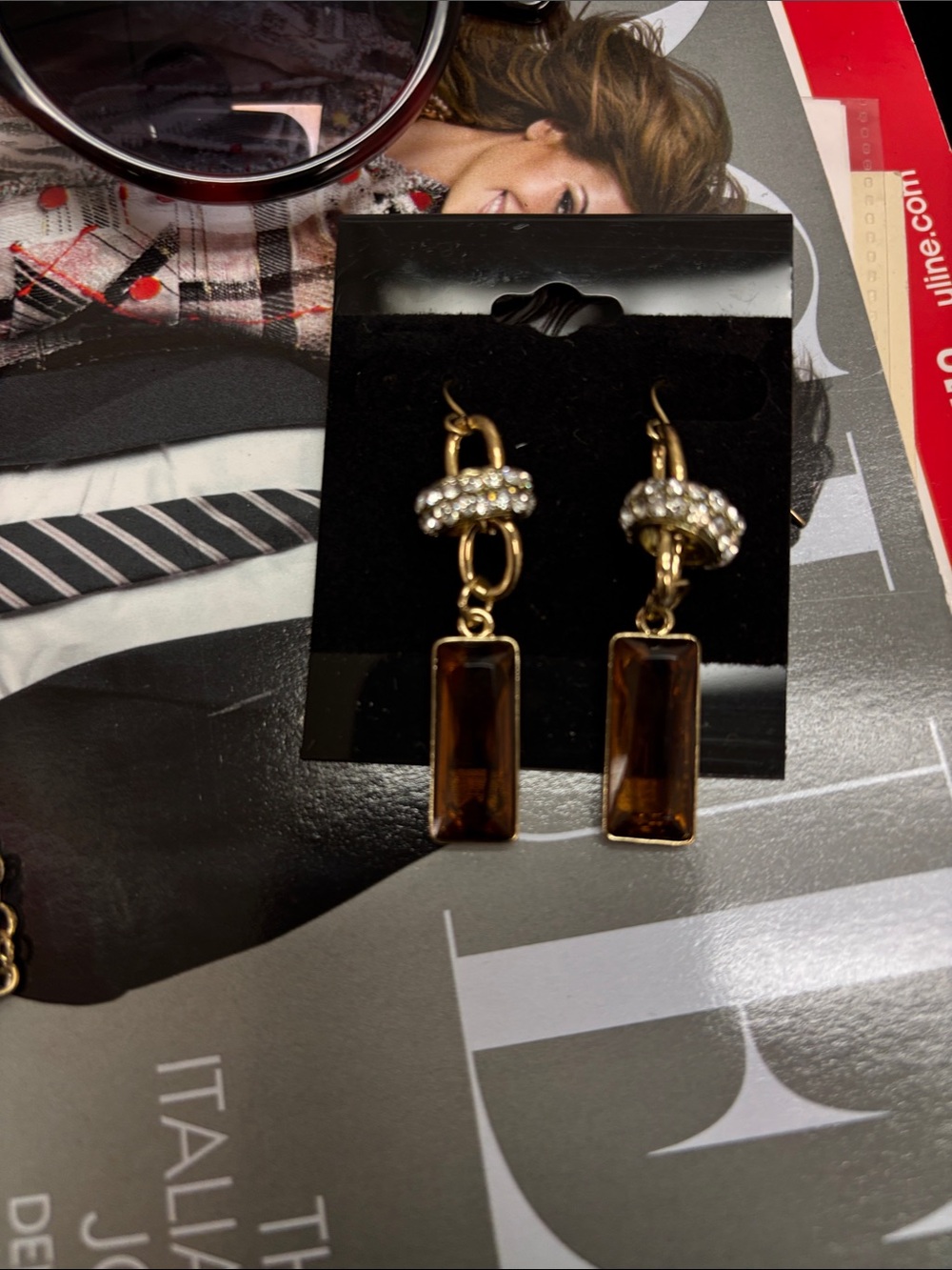 Gold-Tone Brown Crystal Drop Earrings with Pavé Hoop Detail